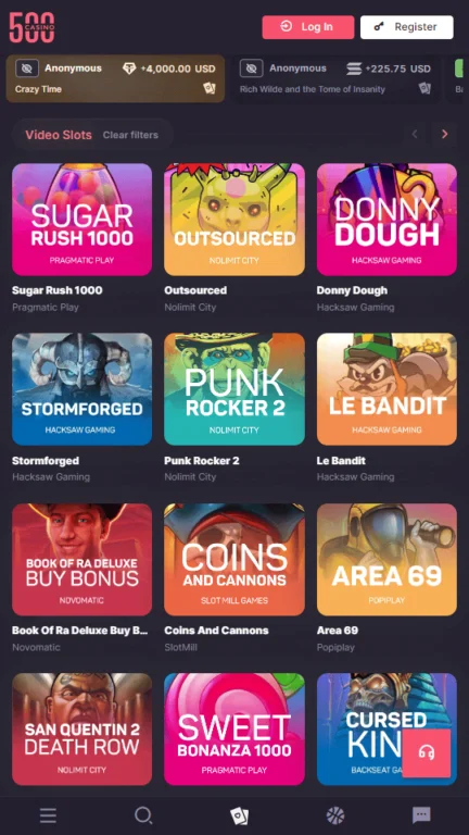 500 Casino game lobby