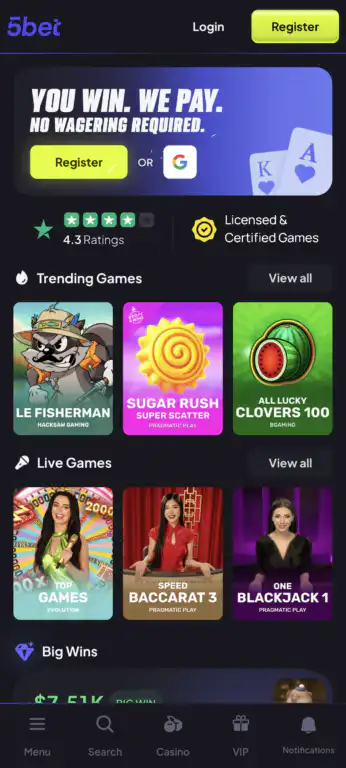 5Bet Casino's mobile homepage