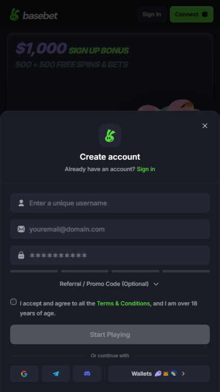 BaseBet registration form