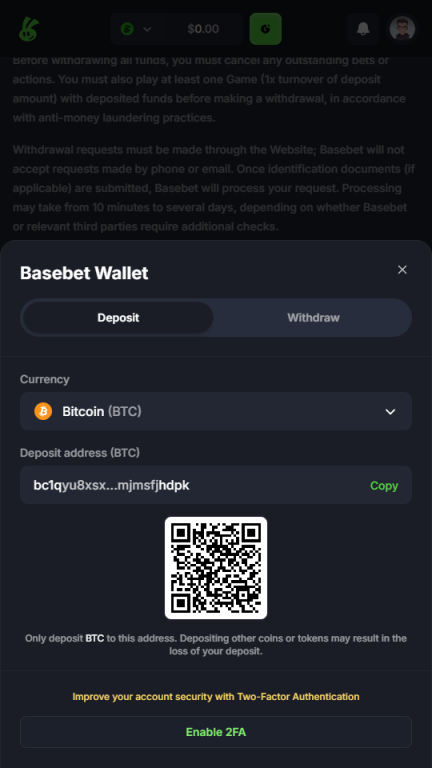 BaseBet withdrawal terms