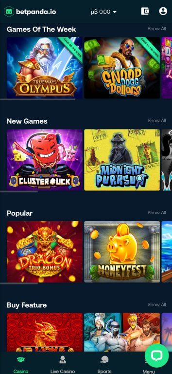 Betpanda's game lobby organizes over 6,000 games into easy-to-browse categories, from weekly featured games to popular slots and bonus buy options