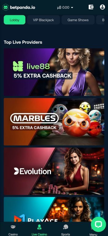 Betpanda's live casino features top providers like Evolution Gaming and Live88, offering extra cashback bonuses and professional dealers for an authentic casino experience