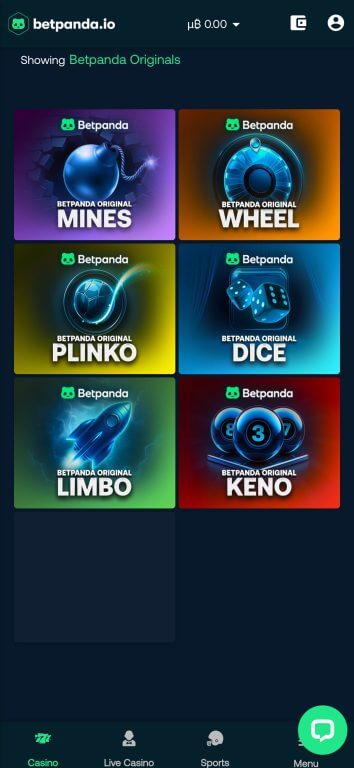 Betpanda's collection of original games includes popular crypto favorites like Plinko, Mines, and Dice, all developed in-house with provably fair technology