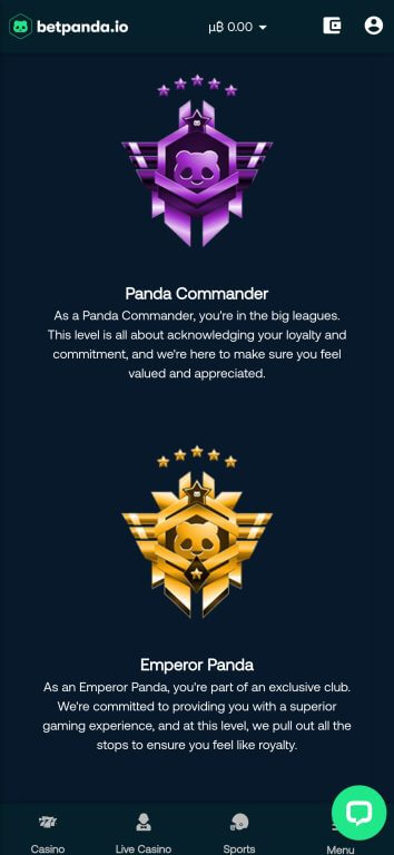 Betpanda's VIP program features themed tiers like Panda Commander and Emperor Panda, offering increasingly exclusive benefits and personalized service as players advance