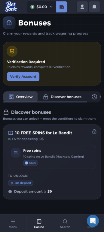 BetSonic's bonuses page — verification is required before you can claim anything