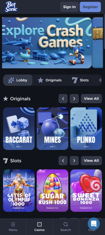 BetSonic's mobile homepage