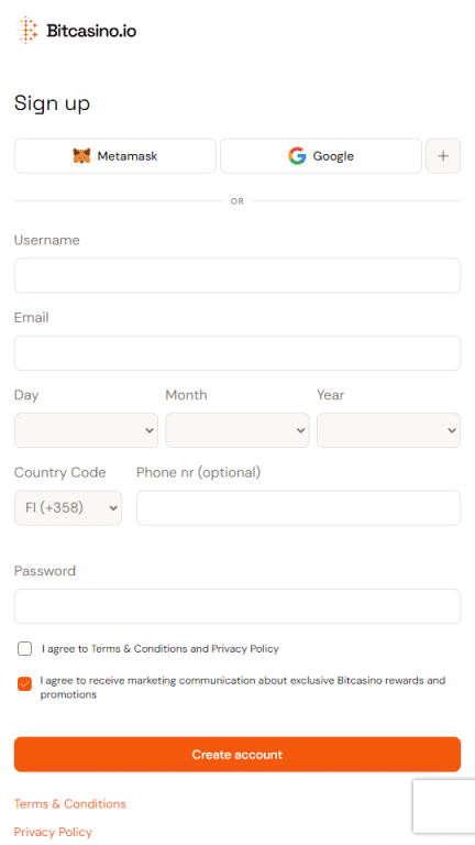 Bitcasino Registration Screen