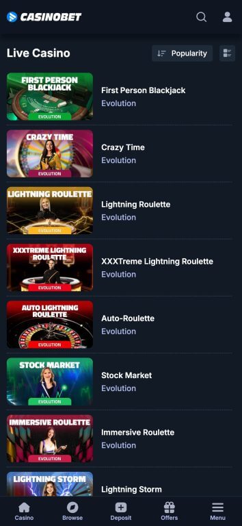 CasinoBet's live casino section
