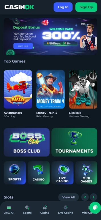 CasinoK casino homepage with 300% deposit bonus, Boss Club VIP program, and game selection