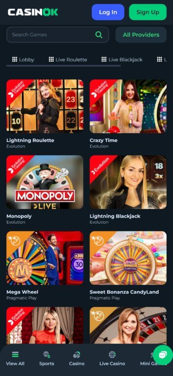 CasinoK crypto casino live dealer games including Lightning Roulette, Crazy Time, Monopoly Live and live blackjack tables
