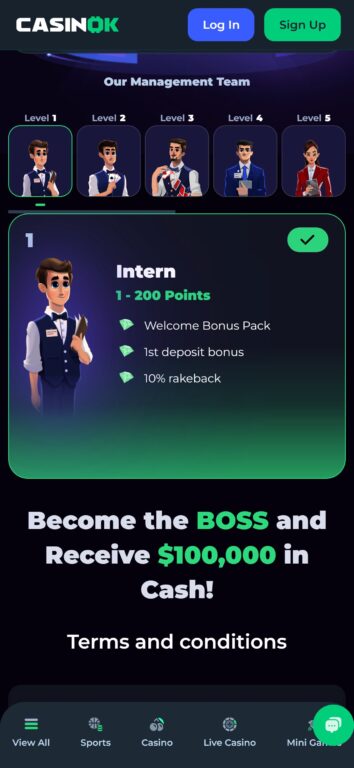 CasinoK VIP program Boss Club featuring Intern level benefits and $100,000 cash reward for top tier