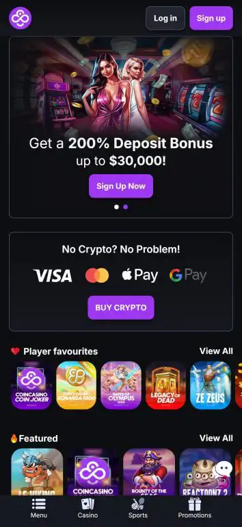 CoinCasino's mobile interface