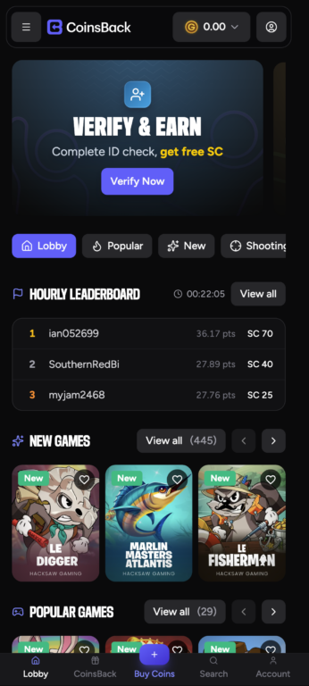 CoinsBack Casino's mobile interface
