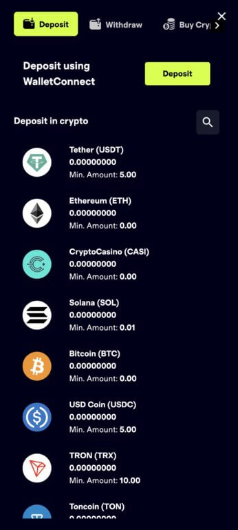 CryptoCasino accepts deposits via WalletConnect or direct cryptocurrency transfers with 18 supported coins including USDT, Bitcoin, Ethereum, Solana, and their native $CASINO token, each with varying minimum deposit amounts