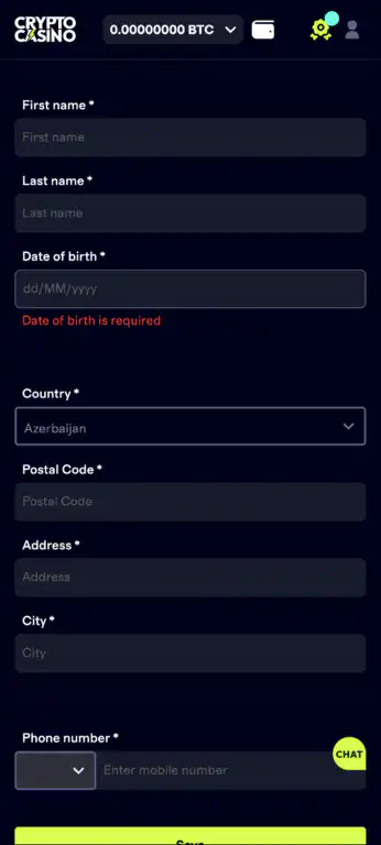 CryptoCasino's Step One verification requires basic personal information including name, date of birth, country of residence, and full address before processing withdrawals