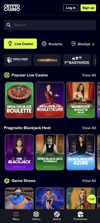 CryptoCasino's live casino offers real-time dealer games from Evolution, Playtech, and Pragmatic Play, including multiple roulette variants, blackjack tables with different betting limits, and interactive game shows