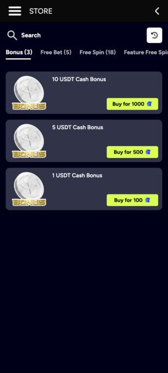 CryptoCasino loyalty store lets players redeem earned coins for cash bonuses, free bets, free spins, and deposit bonuses, with prices varying based on reward value