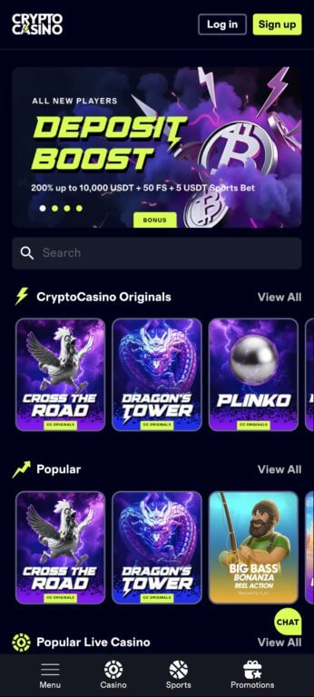 CryptoCasino mobile homepage