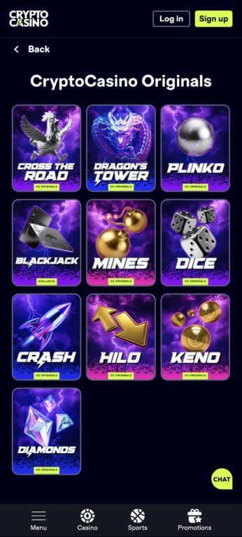CryptoCasino's suite of original provably fair games includes popular crypto casino classics like Plinko, Crash, Mines, and Dice