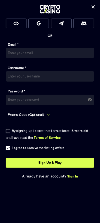 CryptoCasino offers flexible registration options including Web3 wallet connectivity through WalletConnect or traditional email signup with optional promo code entry