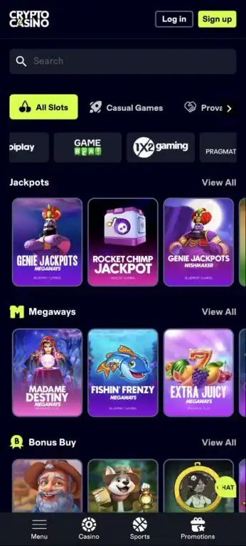CryptoCasino's slots lobby organizes thousands of games by category including Jackpots, Megaways, and Bonus Buy features, with filters for top providers like Pragmatic Play, GameBeat, and 1x2 Gaming