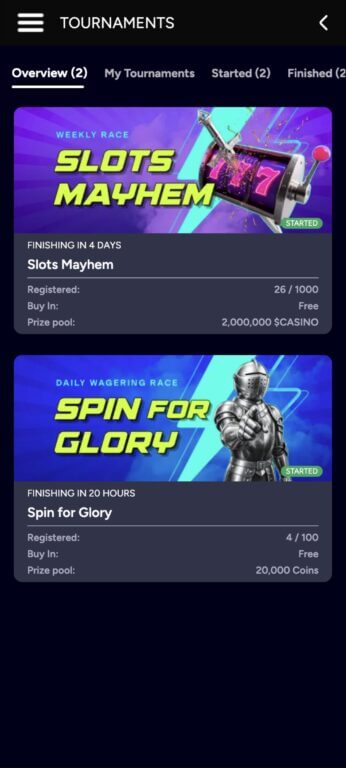 CryptoCasino runs regular tournaments including the weekly Slots Mayhem multiplier race and daily Spin for Glory wagering competition, with prize pools in $CASINO tokens and coins