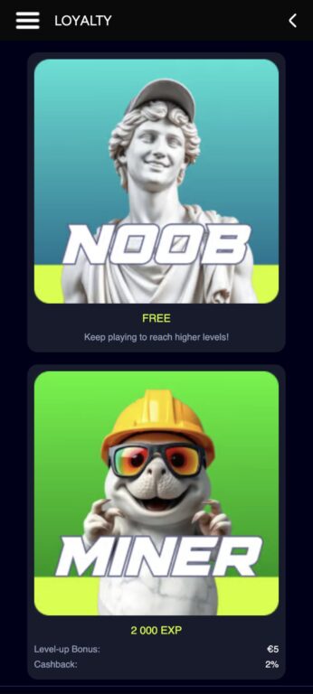 CryptoCasino's VIP program starts at Noob level and advances through tiers like Miner, unlocking increasing benefits including level-up bonuses, higher cashback percentages, and exclusive perks at each rank