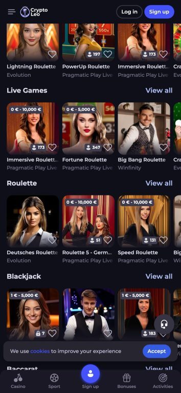 CryptoLeo live casino interface