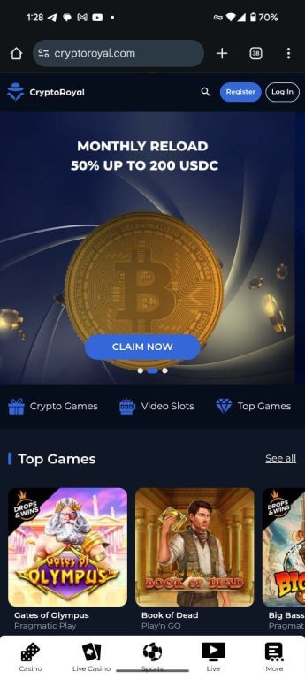 CryptoRoyal Casino's mobile interface