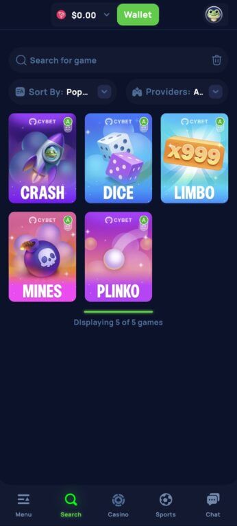 All five Cybet Original games claim 99% RTP and use provably fair technology. The collection includes Crash, Dice, Limbo, Mines, and Plinko