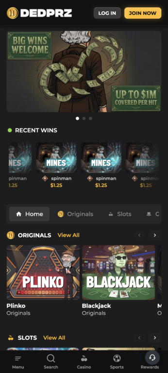 DEDPRZ casino mobile homepage showing the casino lobby with Originals games including Plinko and Blackjack, recent wins feed, and bottom navigation bar