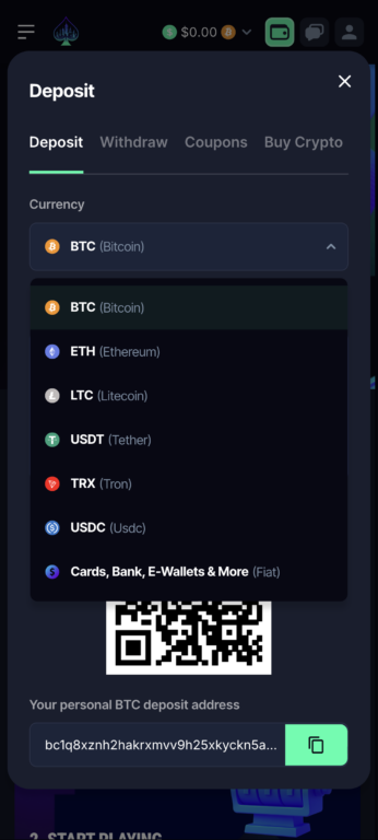 DegenCity's deposit screen on mobile