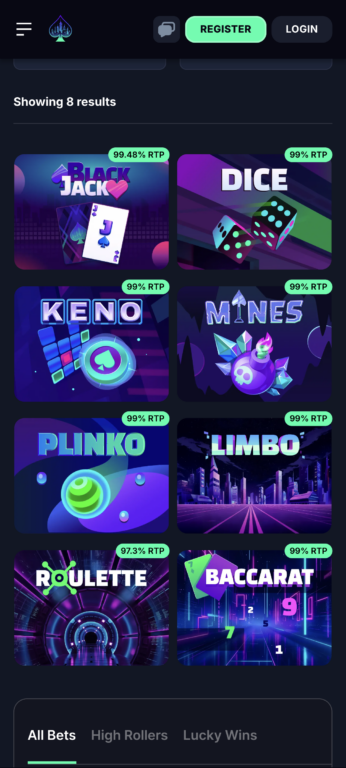 DegenCity's full games lobby on mobile
