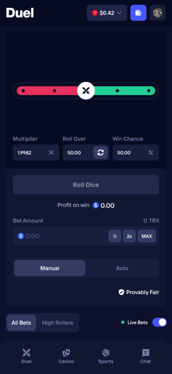 Duel's dice game offers 50/50 odds with a 1.9982x multiplier
