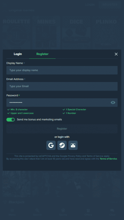 Duelbits registration screen