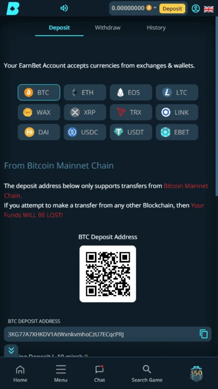 EarnBet deposit page