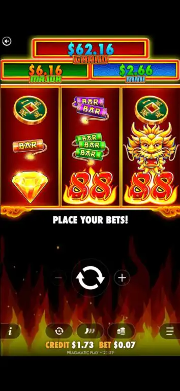 Fire 88 slot by Pragmatic Play on mobile, a Chinese-themed 3-reel game showing Grand/Major/Mini progressive jackpots and a $0.07 minimum bet