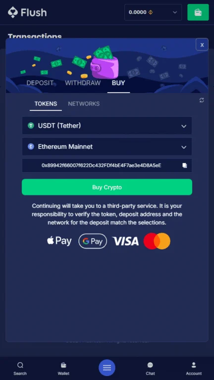 Flush Casino crypto purchase options