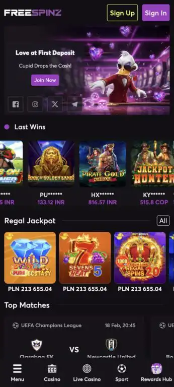 FreeSpinz mobile interface