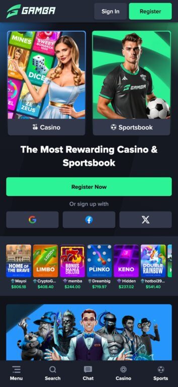 Gamba's mobile homepage