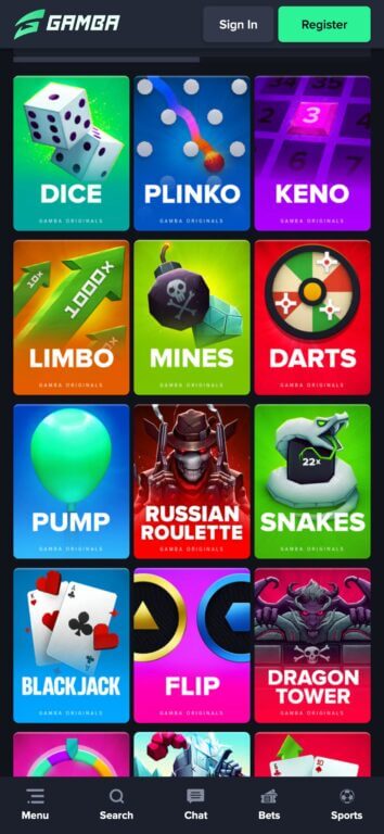 Gamba Originals games including Dice, Plinko, Keno, Limbo, Mines, Darts, Pump, Russian Roulette, Snakes, Blackjack, Flip, and Dragon Tower