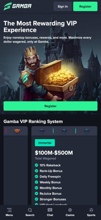 Gamba's VIP program marketing page highlights their highest "Immortal" tier requiring $100-500 million in total wagering