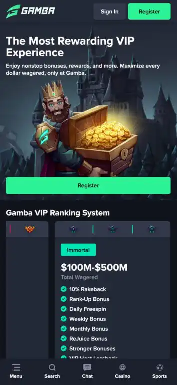 Gamba's VIP program marketing page highlights their highest "Immortal" tier requiring $100-500 million in total wagering