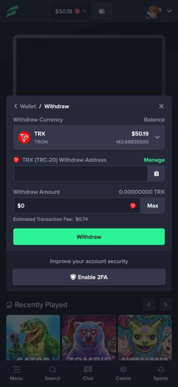 Gamba's withdrawal interface for TRON (TRX) cryptocurrency