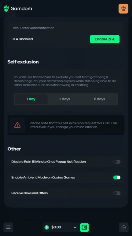 Gamdom account settings