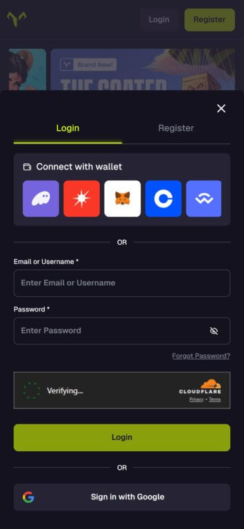 Goated Casino supports multiple crypto wallet connections including Phantom, Solflare, MetaMask, Coinbase Wallet, and WalletConnect