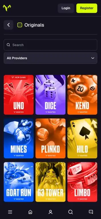 Goated Casino Originals section