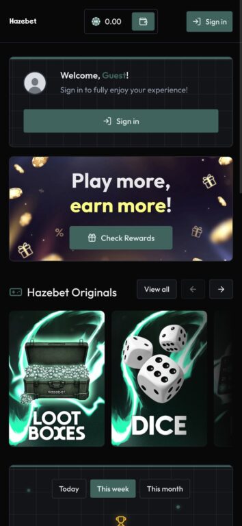 HazeBet crypto casino homepage on a mobile phone in guest mode, showing a zero balance, a Sign in button, a "Play more, earn more" rewards banner, and the Hazebet Originals game row with Loot Boxes and Dice.