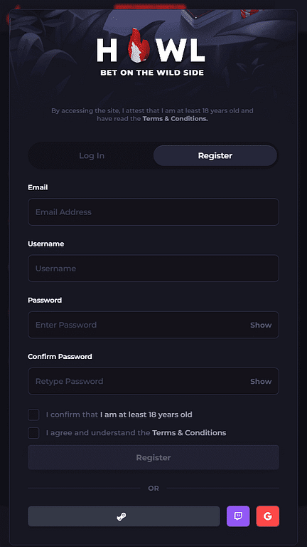 Howl.gg login screen