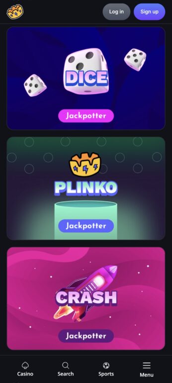 Three of Jackpotter's proprietary original games designed for crypto gambling: Dice, Plinko, and Crash